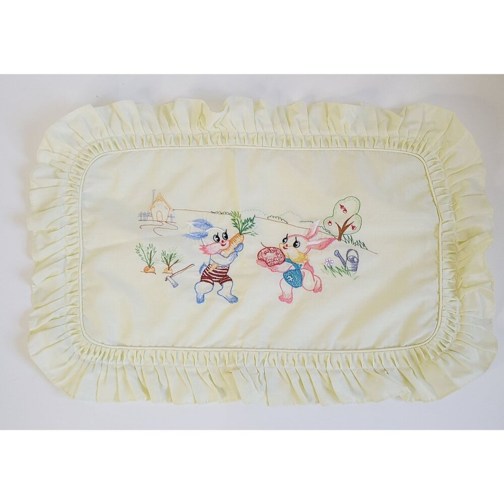 Vintage Yellow Ruffled Baby Pillowcase Embroidered Bunny & Carrot Garden Scene